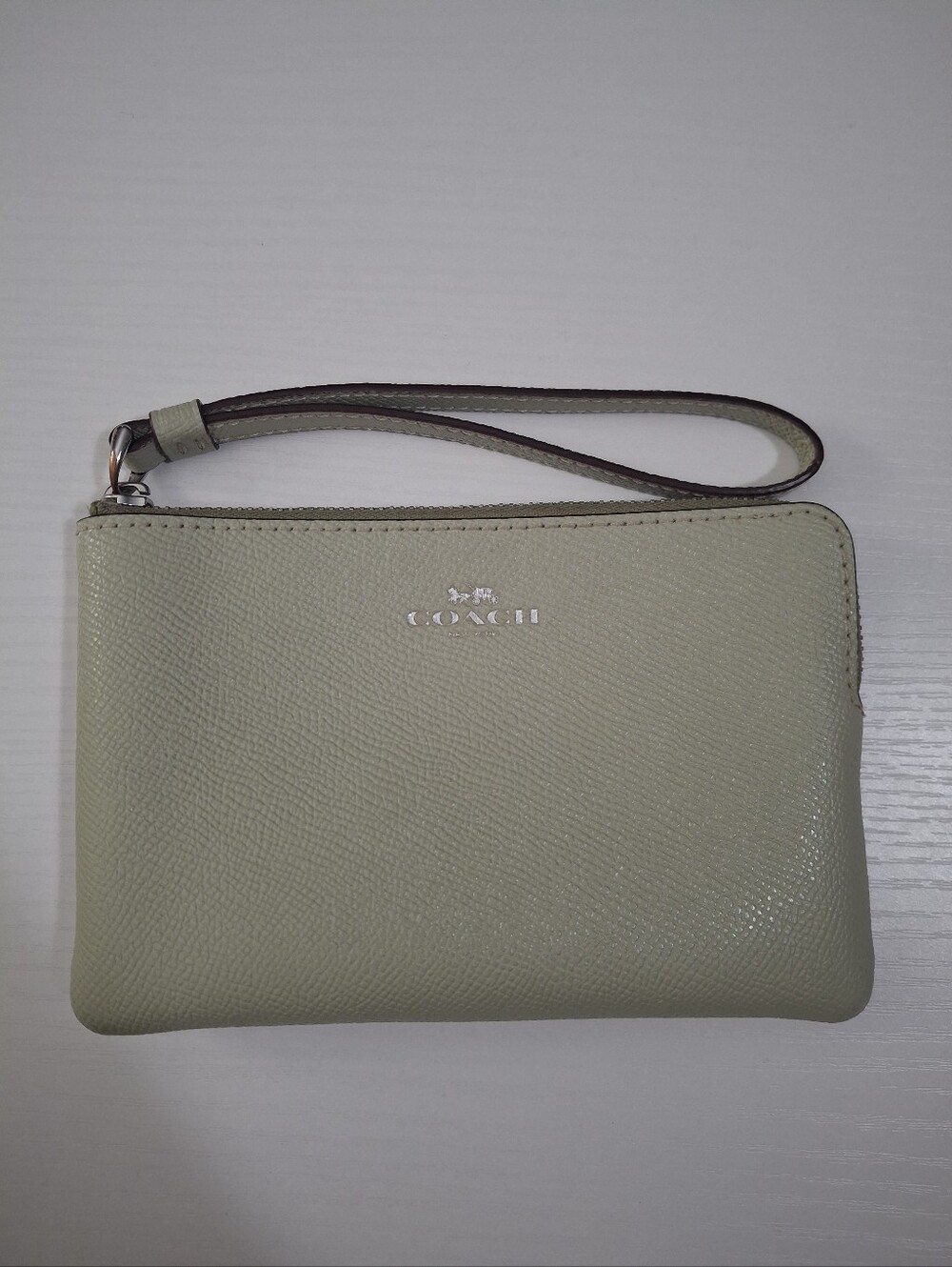Coach Sage Green Crossgrain Leather Corner Zip Wristlet